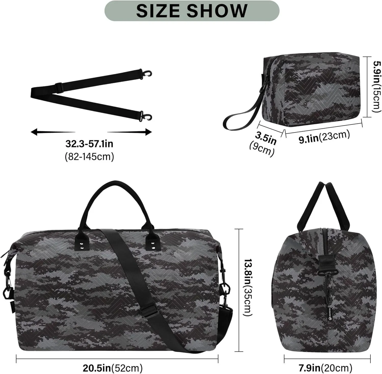 Digital Pixel Camouflage Black Duffel Travel Makeup Pouch Set, Print Women Garment Duffel Bag Carry on Duffel Bag