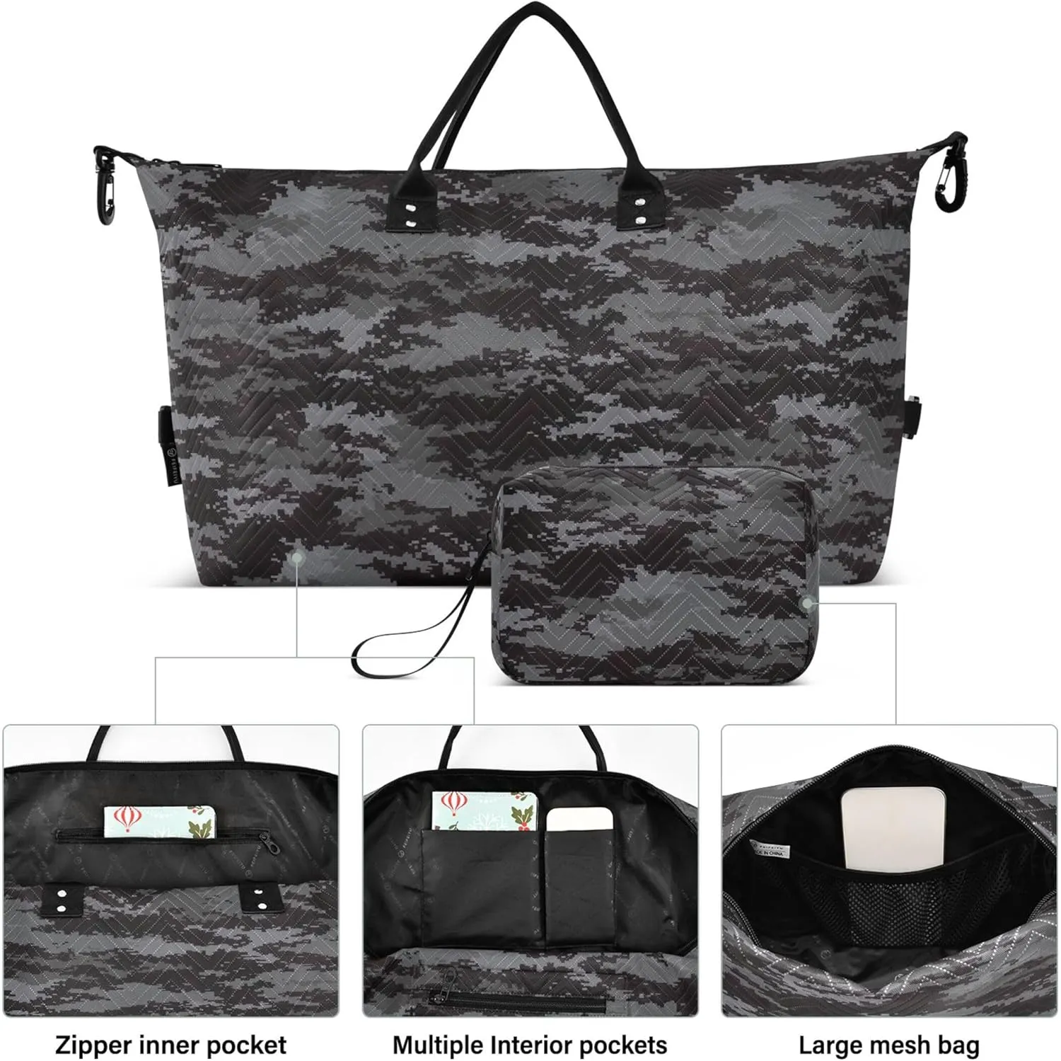 Digital Pixel Camouflage Black Duffel Travel Makeup Pouch Set, Print Women Garment Duffel Bag Carry on Duffel Bag