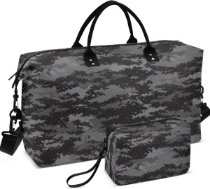 Digital Pixel Camouflage Black Duffel Travel Makeup Pouch Set, Print Women Garment Duffel Bag Carry on Duffel Bag