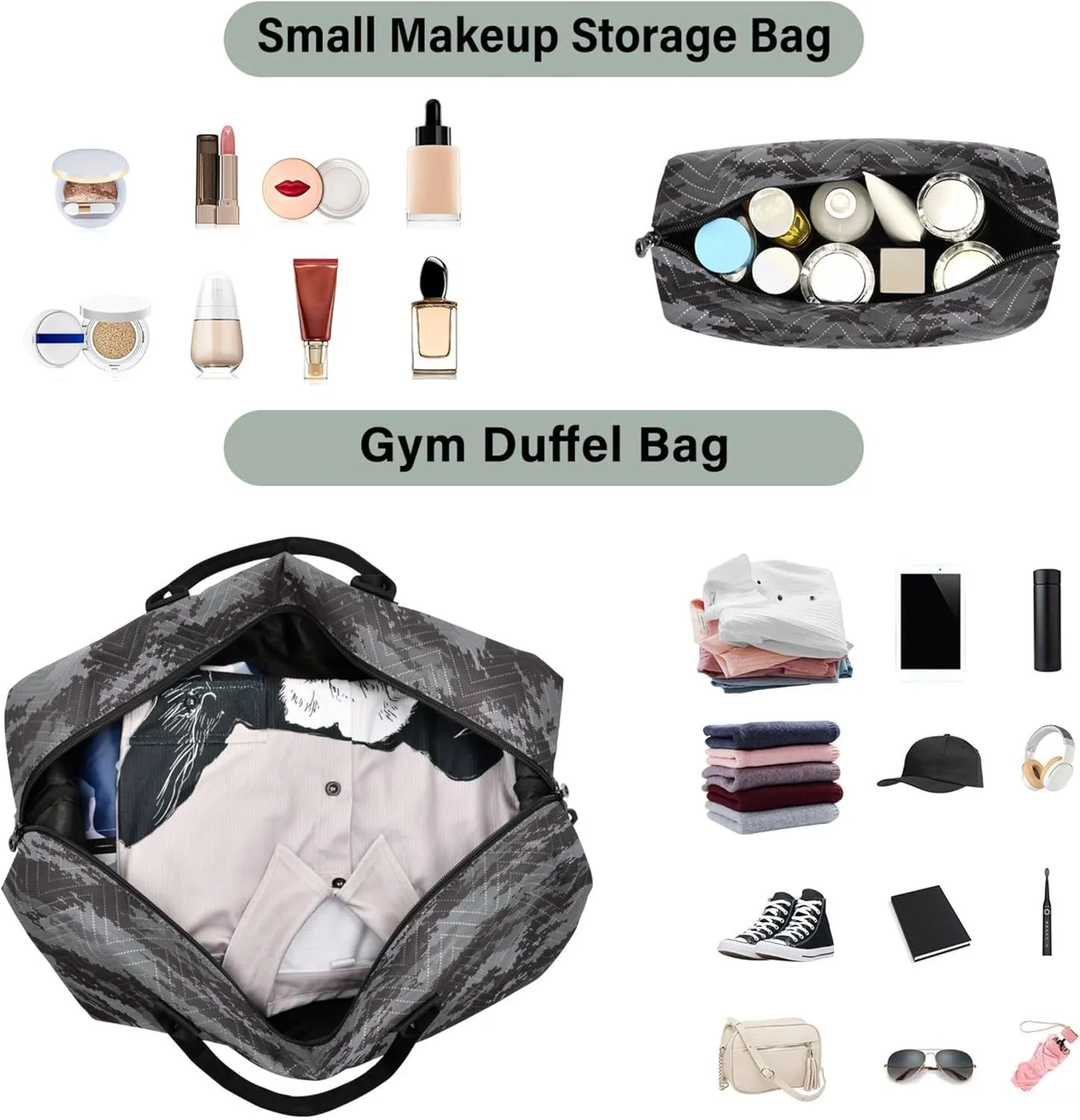 Digital Pixel Camouflage Black Duffel Travel Makeup Pouch Set, Print Women Garment Duffel Bag Carry on Duffel Bag