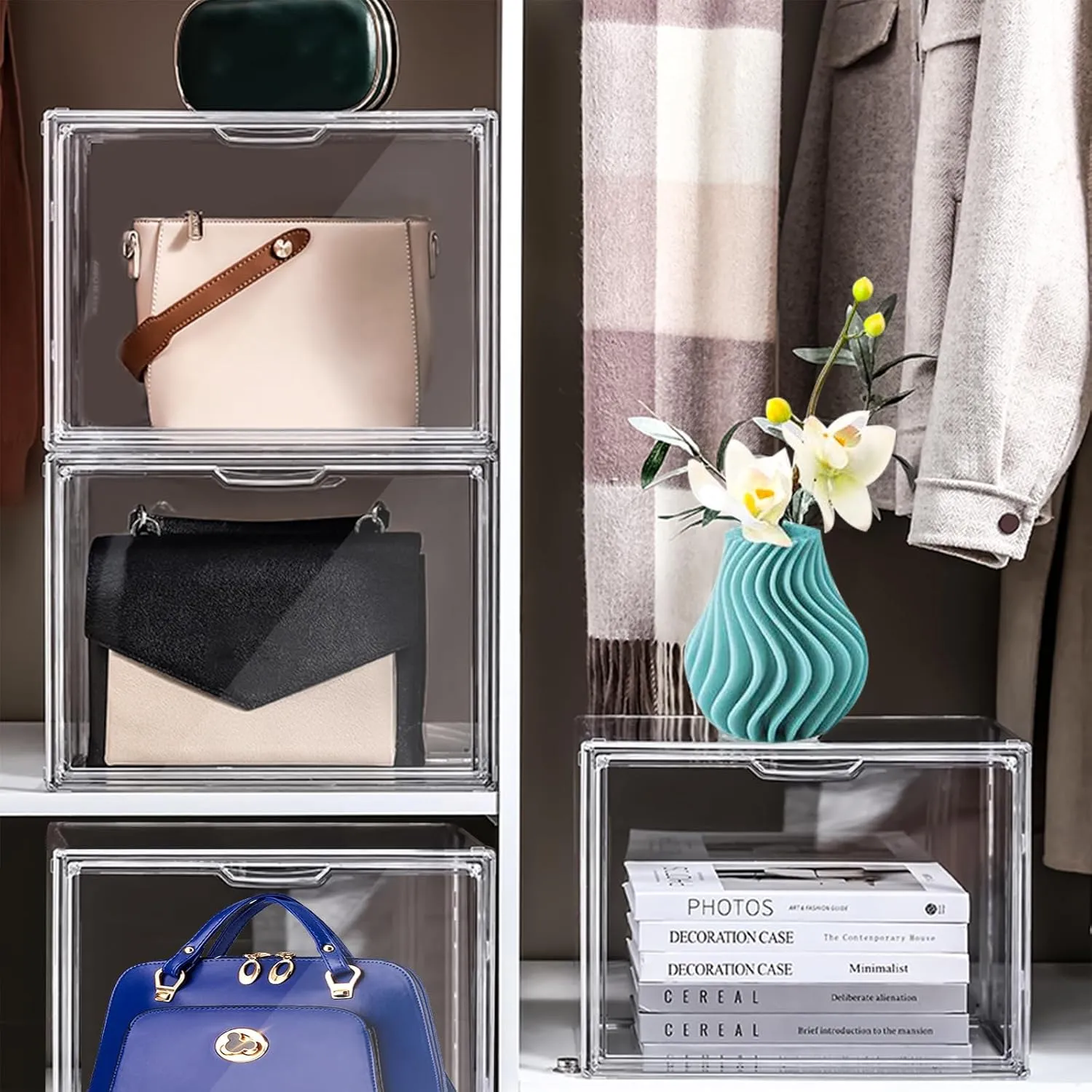 DILIBRA 4 Packs Clear Plastic Handbag Storage Organizer for Closet, Acrylic Display Case for Purse and Handbag, Stackable Storage Boxes Bag Organizer with Magnetic Door for Purse Clutch Wallet Hats