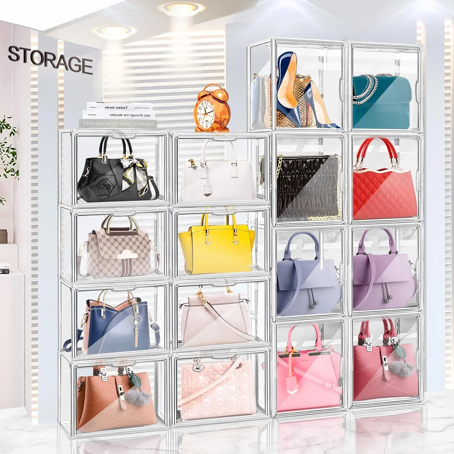 DILIBRA 4 Packs Clear Plastic Handbag Storage Organizer for Closet, Small Acrylic Display Box for Handbag, Stackable Storage Boxes Bag Organizer with Magnetic Door for Purse Clutch Wallet Book