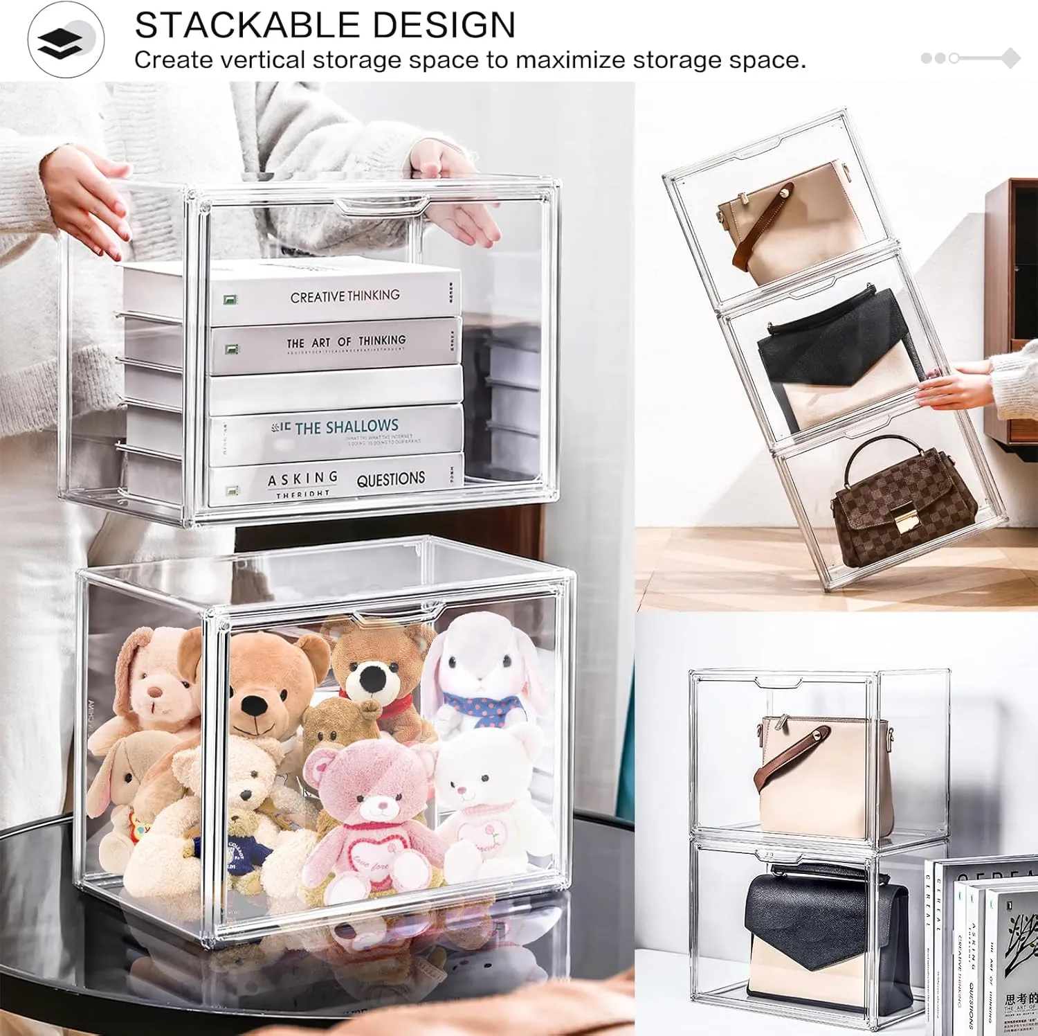 DILIBRA 4 Packs Clear Plastic Handbag Storage Organizer for Closet, Small Acrylic Display Box for Handbag, Stackable Storage Boxes Bag Organizer with Magnetic Door for Purse Clutch Wallet Book