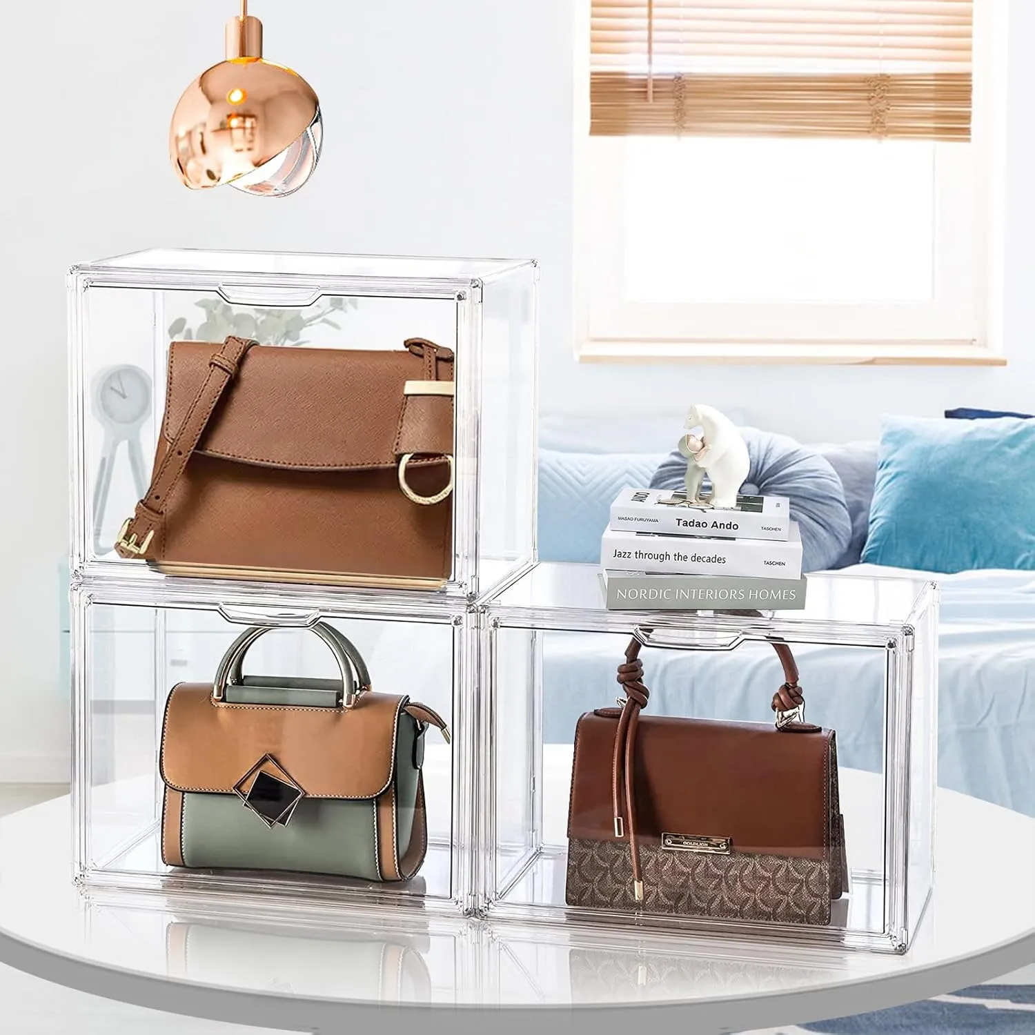 DILIBRA 4 Packs Clear Plastic Handbag Storage Organizer for Closet, Small Acrylic Display Box for Handbag, Stackable Storage Boxes Bag Organizer with Magnetic Door for Purse Clutch Wallet Book