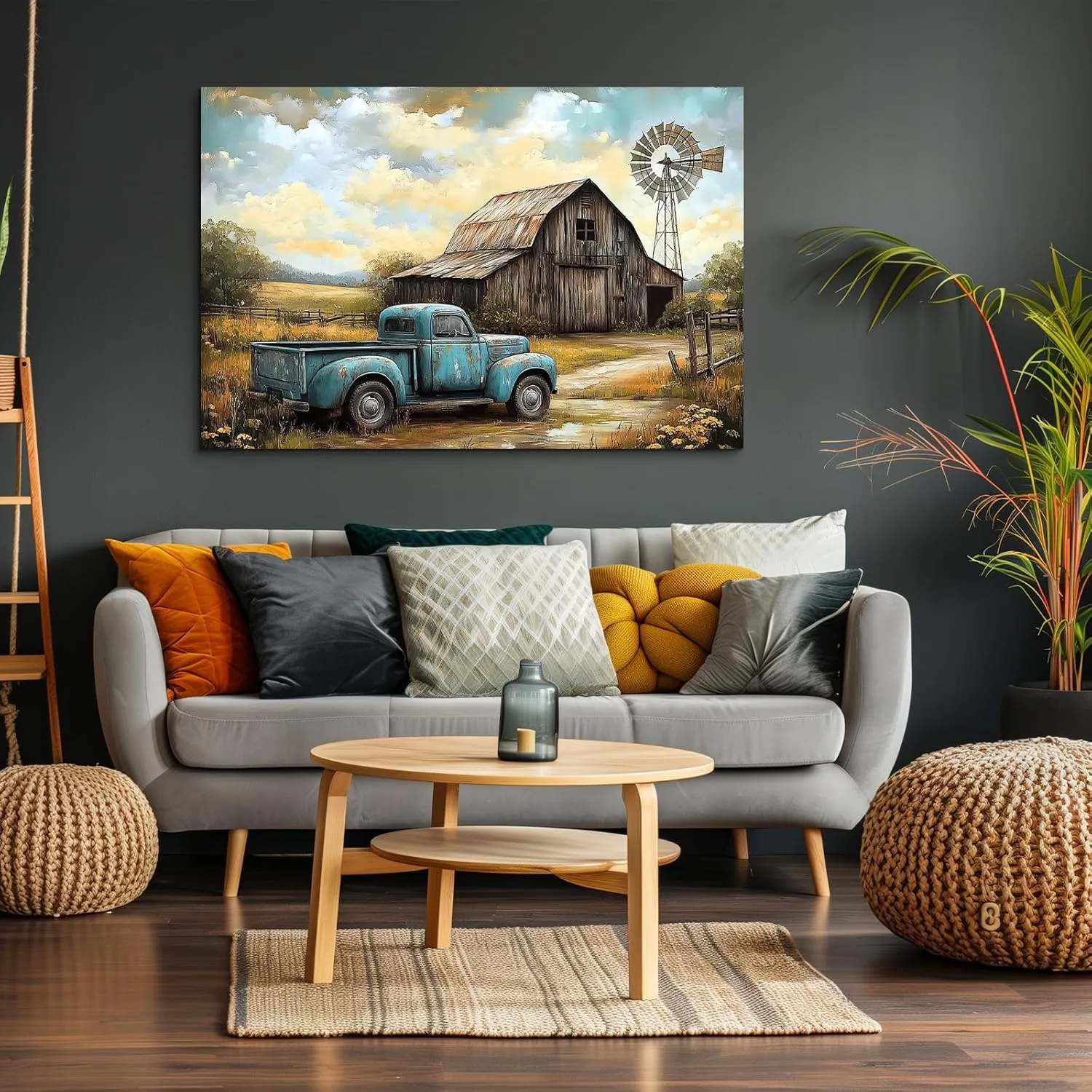 Dimpoli Rustic Old Barn Canvas Wall Art Farmhouse Windmill Truck Barn Artwork Print Countryside Wall Decor Framed Posters for Home Bathroom Bedroom Living Room Decoration 36x24 Inches