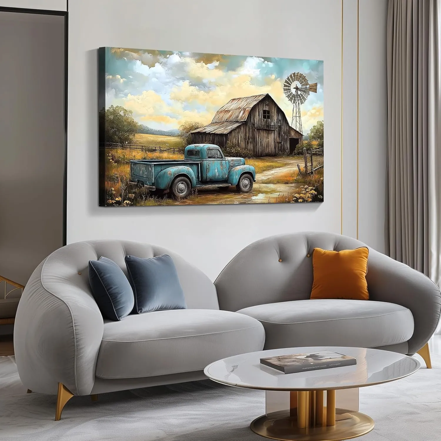 Dimpoli Rustic Old Barn Canvas Wall Art Farmhouse Windmill Truck Barn Artwork Print Countryside Wall Decor Framed Posters for Home Bathroom Bedroom Living Room Decoration 36x24 Inches