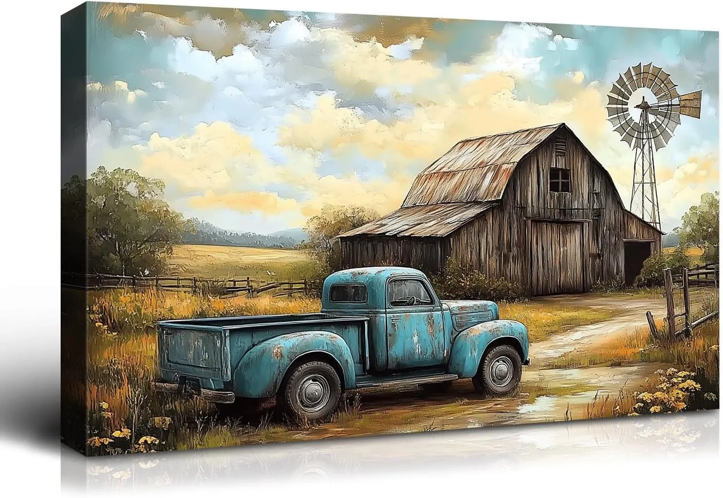 Dimpoli Rustic Old Barn Canvas Wall Art Farmhouse Windmill Truck Barn Artwork Print Countryside Wall Decor Framed Posters for Home Bathroom Bedroom Living Room Decoration 36x24 Inches