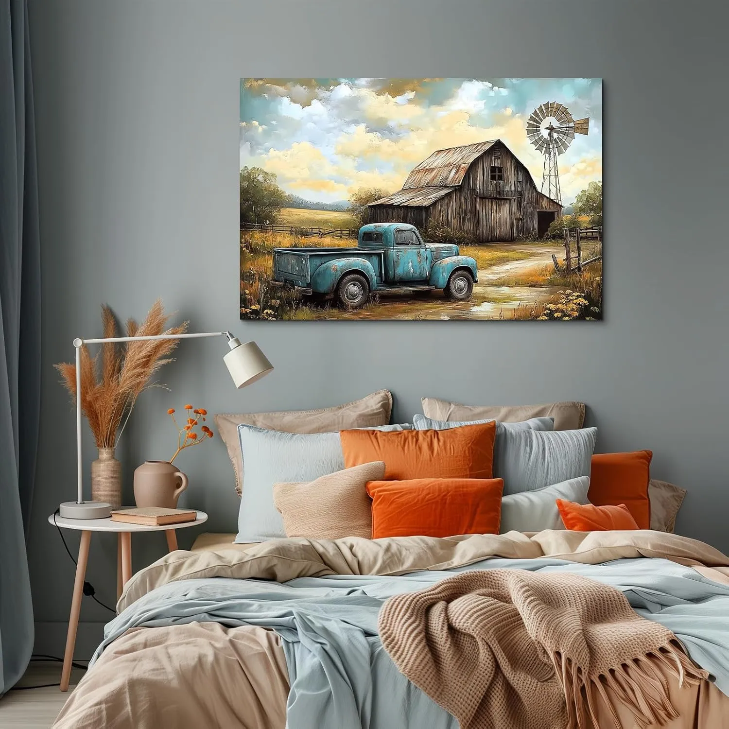 Dimpoli Rustic Old Barn Canvas Wall Art Farmhouse Windmill Truck Barn Artwork Print Countryside Wall Decor Framed Posters for Home Bathroom Bedroom Living Room Decoration 36x24 Inches