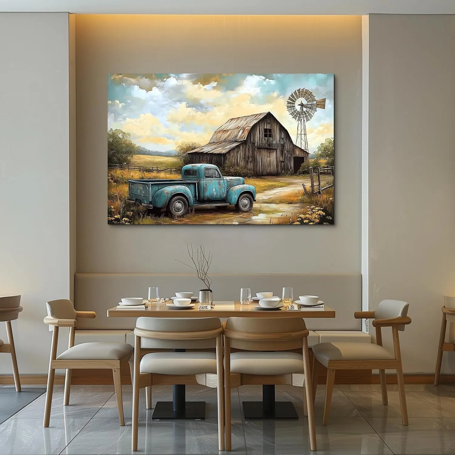 Dimpoli Rustic Old Barn Canvas Wall Art Farmhouse Windmill Truck Barn Artwork Print Countryside Wall Decor Framed Posters for Home Bathroom Bedroom Living Room Decoration 36x24 Inches