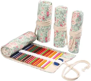 DIYOMR 24/36/72 Slots Pencil Wrap Pencil Rolls, Artist Colored Pencils Roll Up Bag Short Brushes Pouch Case Pencils Organizer for Drawing Coloring and Sketching (Small Floral, 72slots)