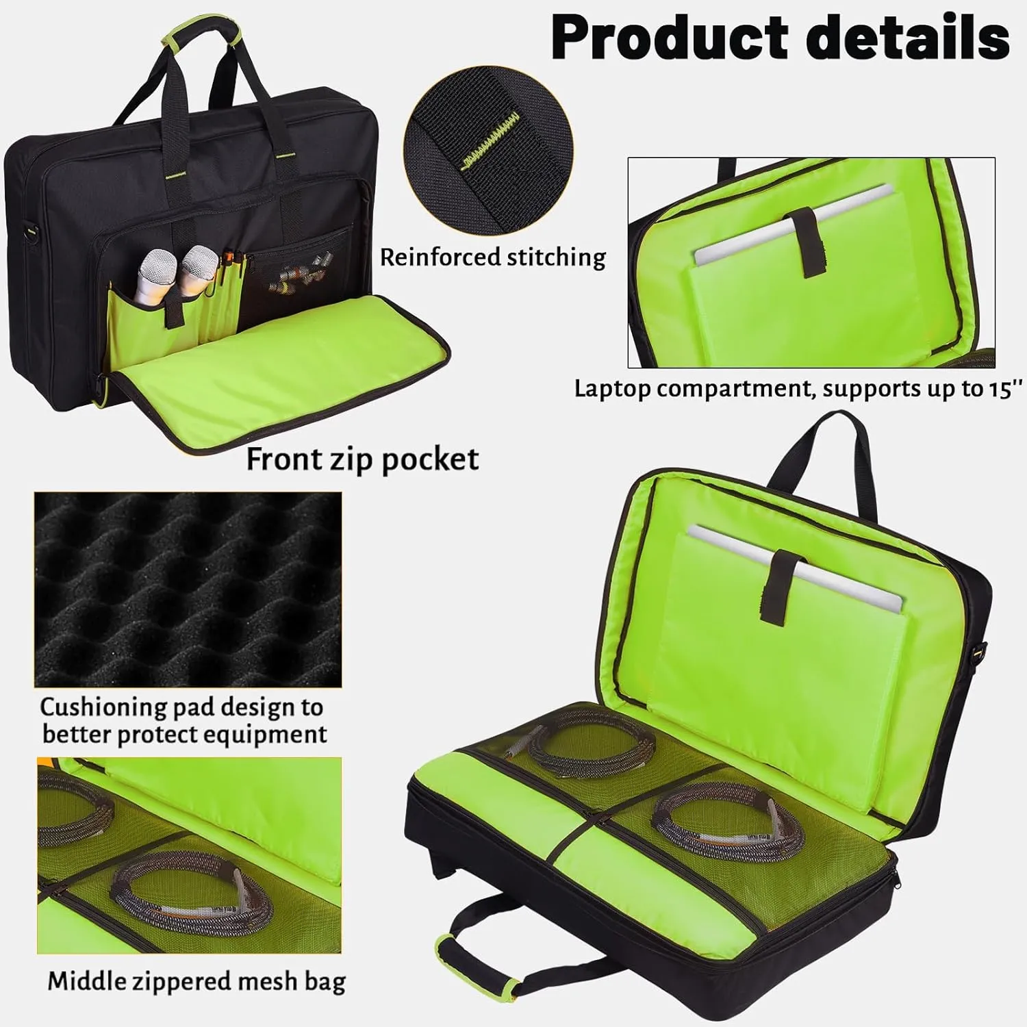 DJ Controller Case for DDJ-FLX4/ 200//400/SR2/REV1 Numark Party Mix 2/FX With Thick EVA Padding, Adjustable Shoulder Strap,Fits Up to 15.6" Laptops (Bright Green, 22.5"x14.4"x4.7")