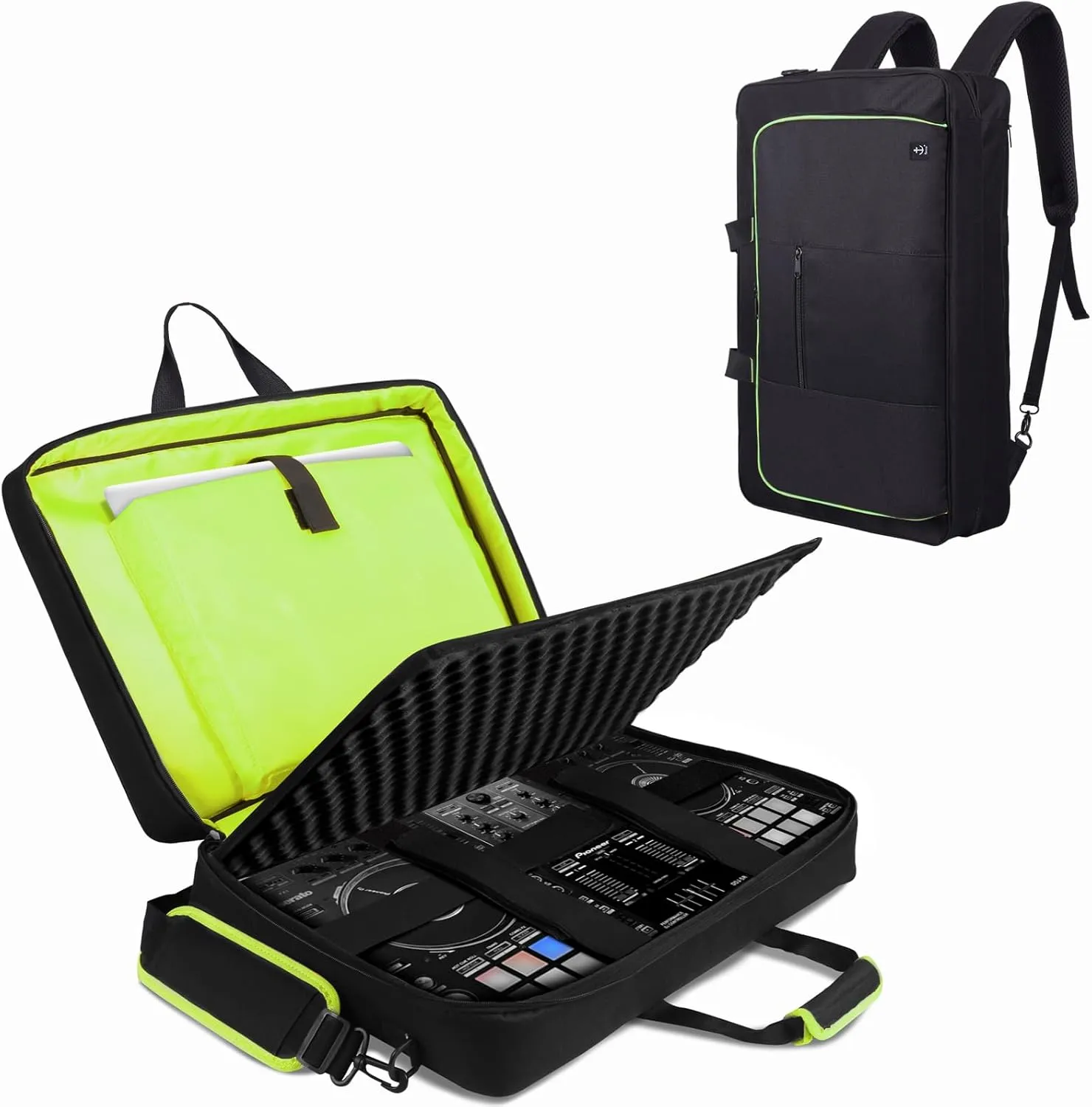 DJ Controller Case for DDJ-FLX4/ 200//400/SR2/REV1 Numark Party Mix 2/FX With Thick EVA Padding, Adjustable Shoulder Strap,Fits Up to 15.6" Laptops (Bright Green, 22.5"x14.4"x4.7")