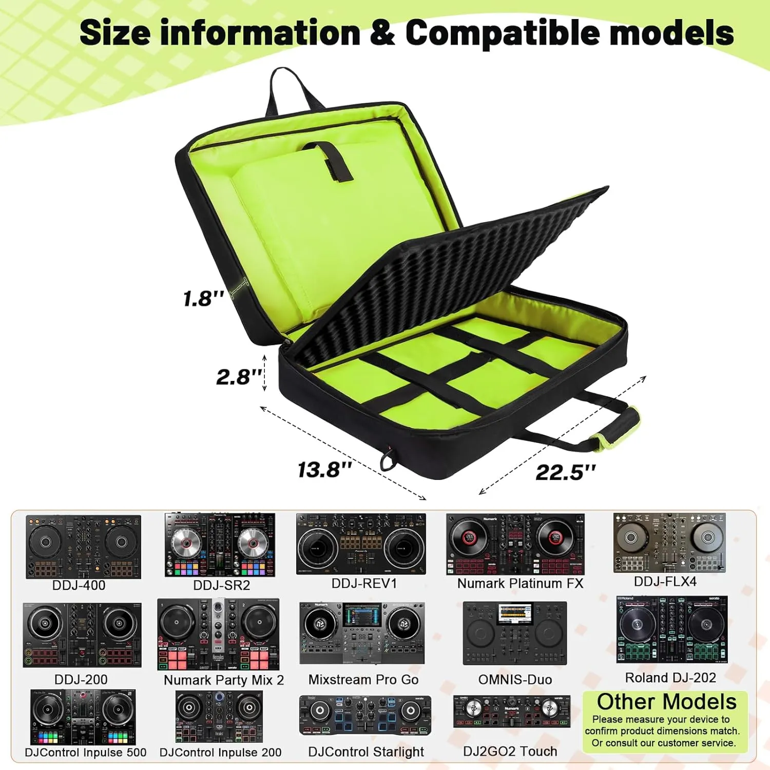 DJ Controller Case for DDJ-FLX4/ 200//400/SR2/REV1 Numark Party Mix 2/FX With Thick EVA Padding, Adjustable Shoulder Strap,Fits Up to 15.6" Laptops (Bright Green, 22.5"x14.4"x4.7")