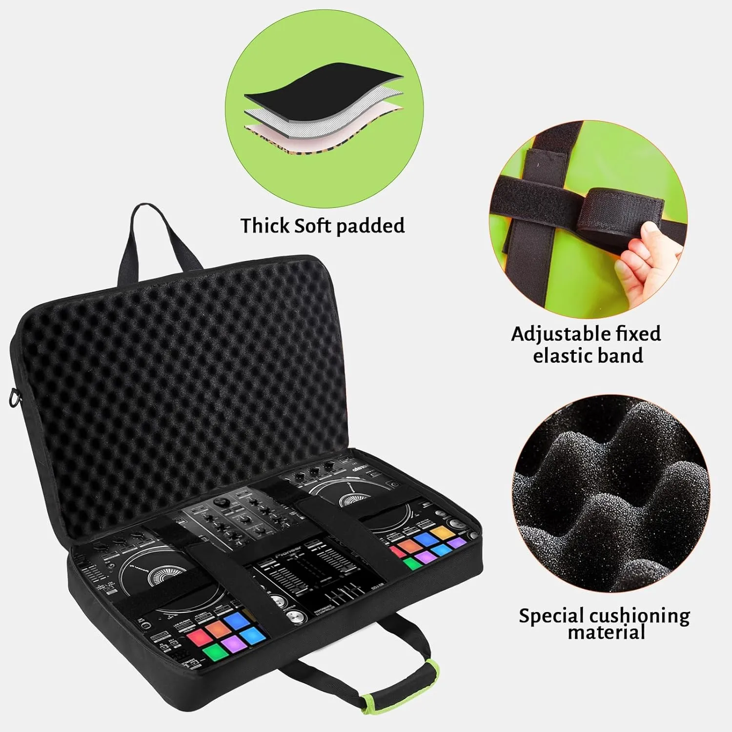 DJ Controller Case for DDJ-FLX4/ 200//400/SR2/REV1 Numark Party Mix 2/FX With Thick EVA Padding, Adjustable Shoulder Strap,Fits Up to 15.6" Laptops (Bright Green, 22.5"x14.4"x4.7")