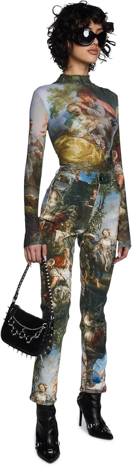 Dolls Kill Da Vinci's Demons Mesh Top by Current Mood – Sheer Turtleneck Top with Renaissance Art Print Design