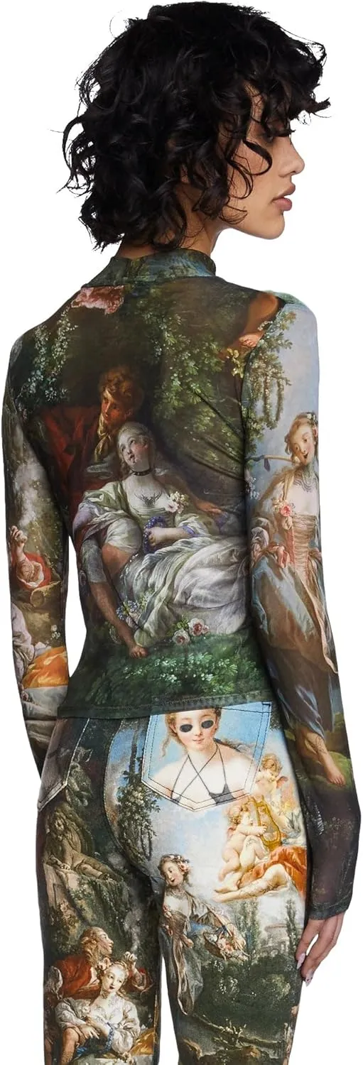 Dolls Kill Da Vinci's Demons Mesh Top by Current Mood – Sheer Turtleneck Top with Renaissance Art Print Design