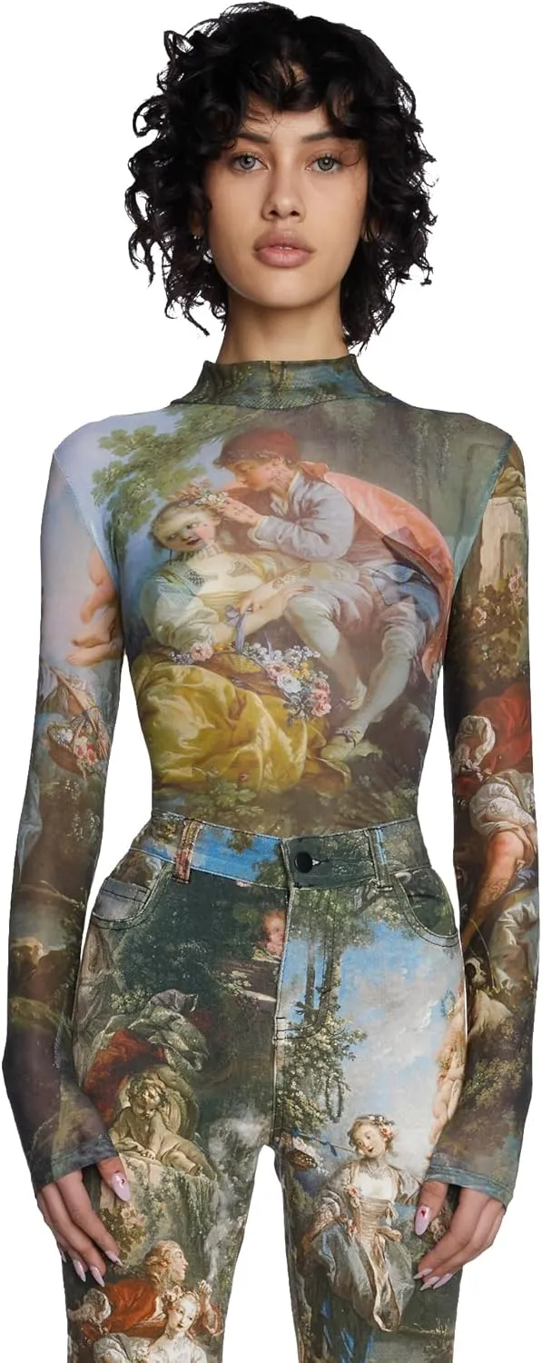 Dolls Kill Da Vinci's Demons Mesh Top by Current Mood – Sheer Turtleneck Top with Renaissance Art Print Design
