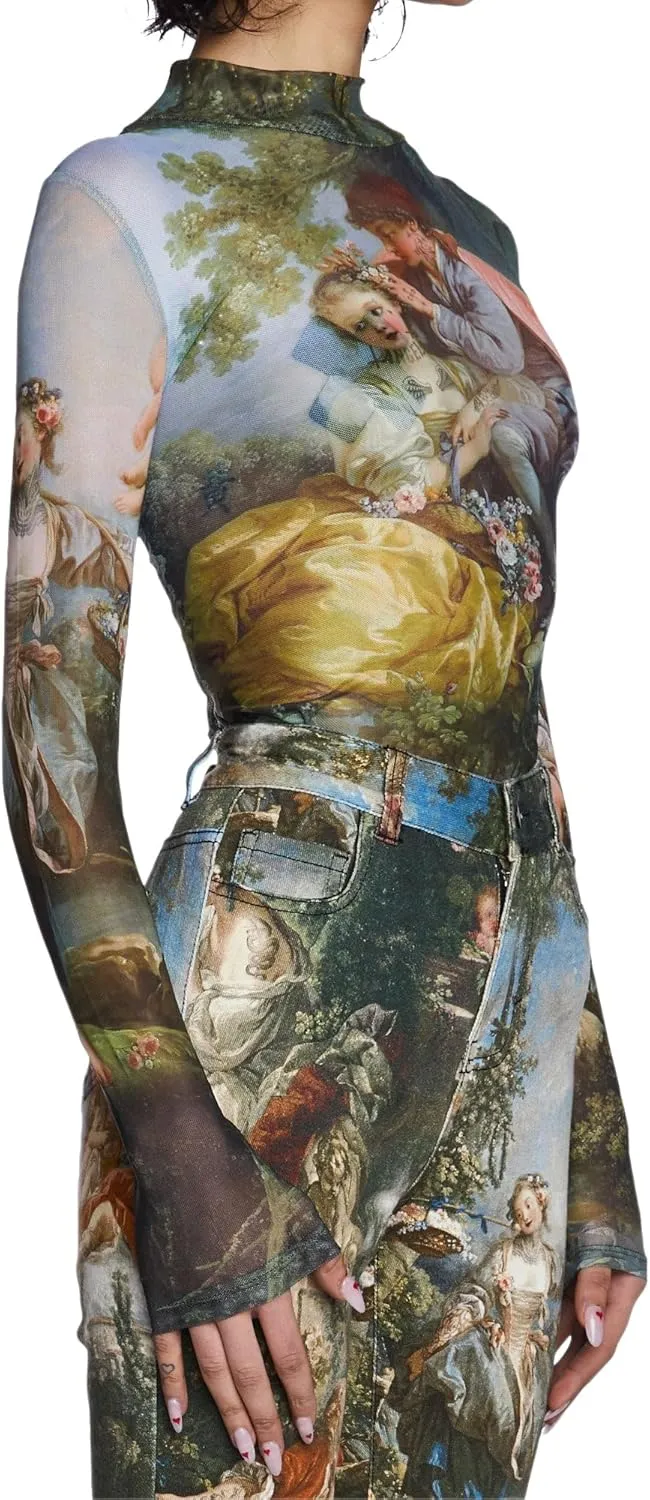 Dolls Kill Da Vinci's Demons Mesh Top by Current Mood – Sheer Turtleneck Top with Renaissance Art Print Design