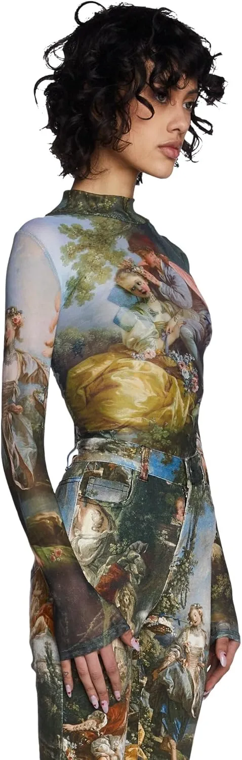Dolls Kill Da Vinci's Demons Mesh Top by Current Mood – Sheer Turtleneck Top with Renaissance Art Print Design