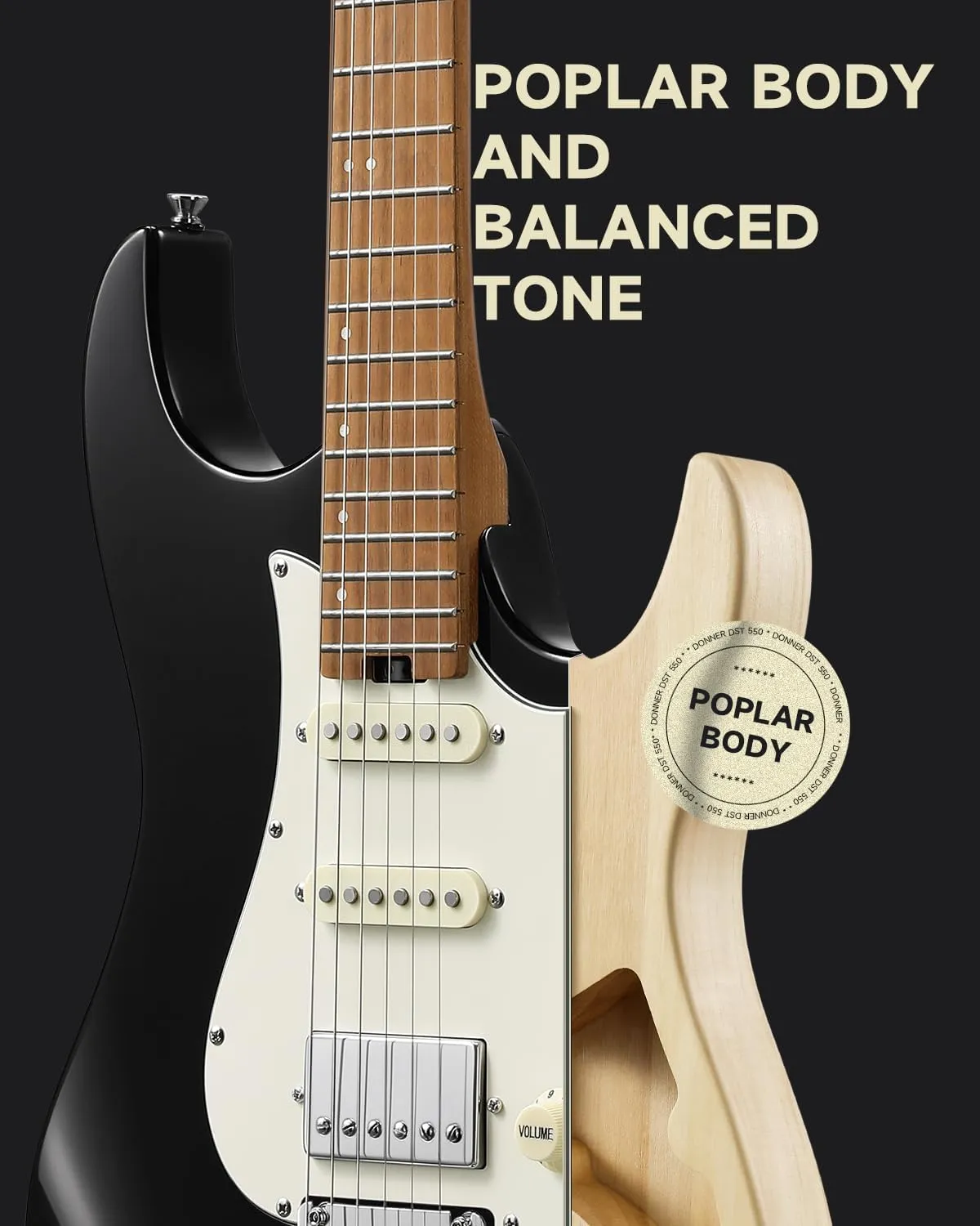 Donner 39 Inch Electric Guitar, DST-550 Solid Double-cut Poplar Body Electric Guitar for Intermediate & Pro Players, 7 Tone-switching Options & Tremolo Bridge, Bonus Bag- Black