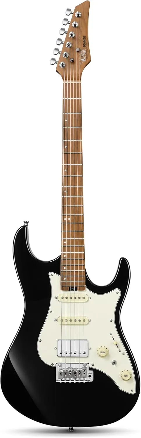 Donner 39 Inch Electric Guitar, DST-550 Solid Double-cut Poplar Body Electric Guitar for Intermediate & Pro Players, 7 Tone-switching Options & Tremolo Bridge, Bonus Bag- Black