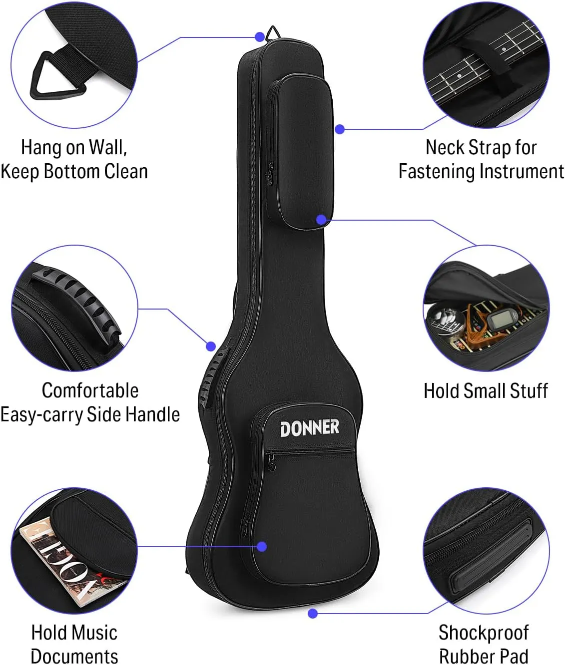 Donner 47 Inch Bass Guitar Case, 0.4 Inch Thick Padding Sponge 600D Ripstop Waterproof Nylon Soft Electric Bass Guitar Gig Bag with 3 Pockets and Back Hanger Loop, Black