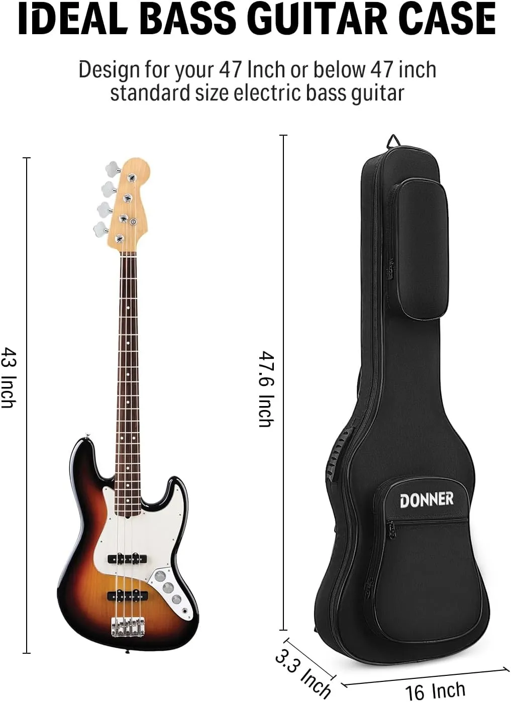 Donner 47 Inch Bass Guitar Case, 0.4 Inch Thick Padding Sponge 600D Ripstop Waterproof Nylon Soft Electric Bass Guitar Gig Bag with 3 Pockets and Back Hanger Loop, Black