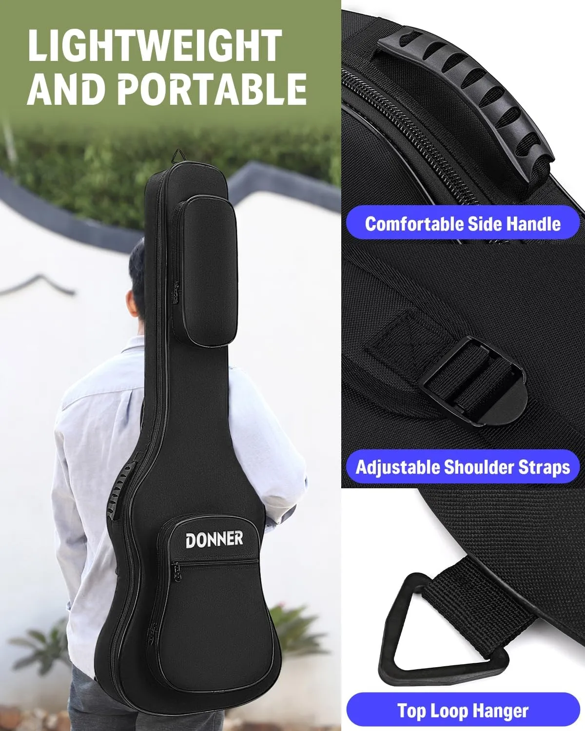 Donner 47 Inch Bass Guitar Case, 0.4 Inch Thick Padding Sponge 600D Ripstop Waterproof Nylon Soft Electric Bass Guitar Gig Bag with 3 Pockets and Back Hanger Loop, Black