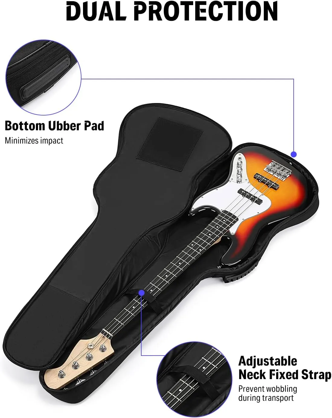 Donner 47 Inch Bass Guitar Case, 0.4 Inch Thick Padding Sponge 600D Ripstop Waterproof Nylon Soft Electric Bass Guitar Gig Bag with 3 Pockets and Back Hanger Loop, Black