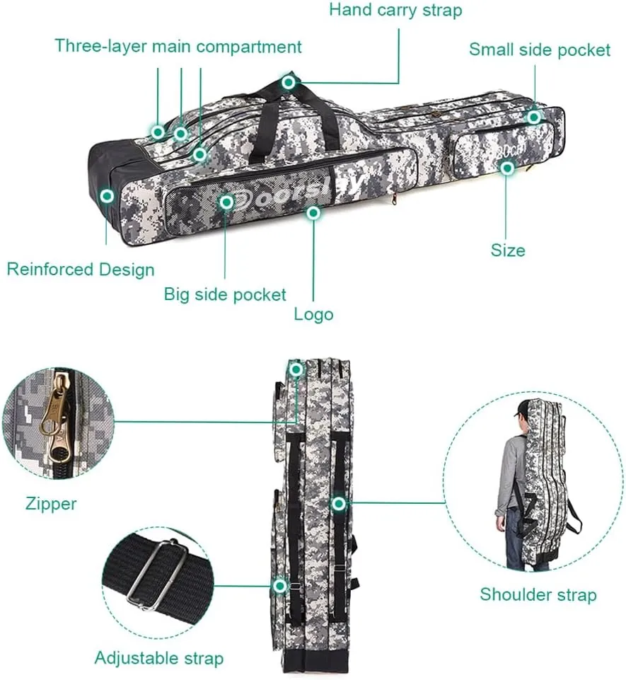 doorlay Fishing Bag Portable Folding Fishing Tackle Storage Bags Oxford Fishing Rod Case Fishing Pole Bag Carry Organizer Outdoor Waterproof for Fishing Camping Hiking Traveling