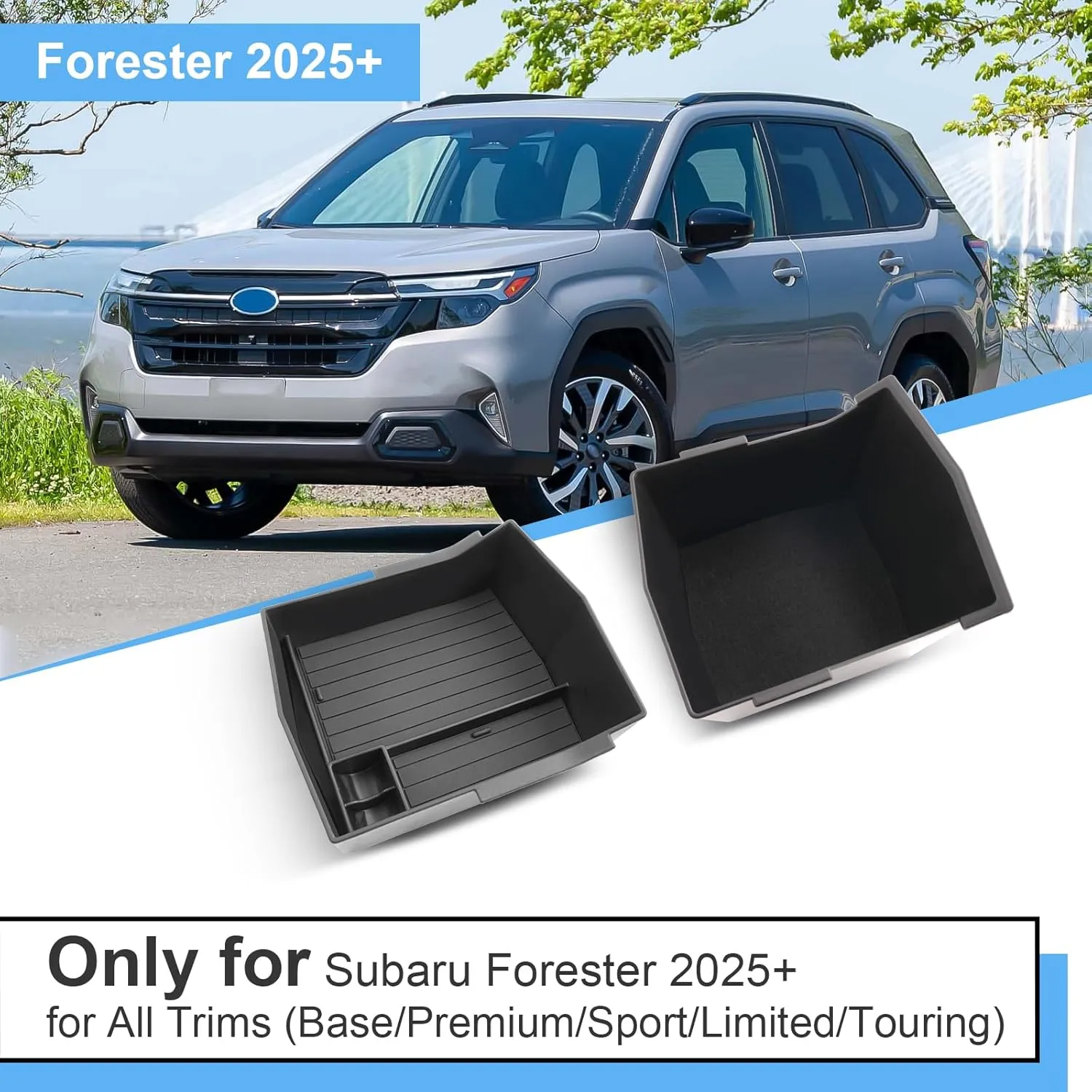 Double Layer, 2025 Forester Center Console Organizer for Subaru Forester (Premium/Sport/Limited/Touring), Durable ABS Plastic&Anti-Slip Rubber Forester Armrest Tray 2025 Forester Accessories