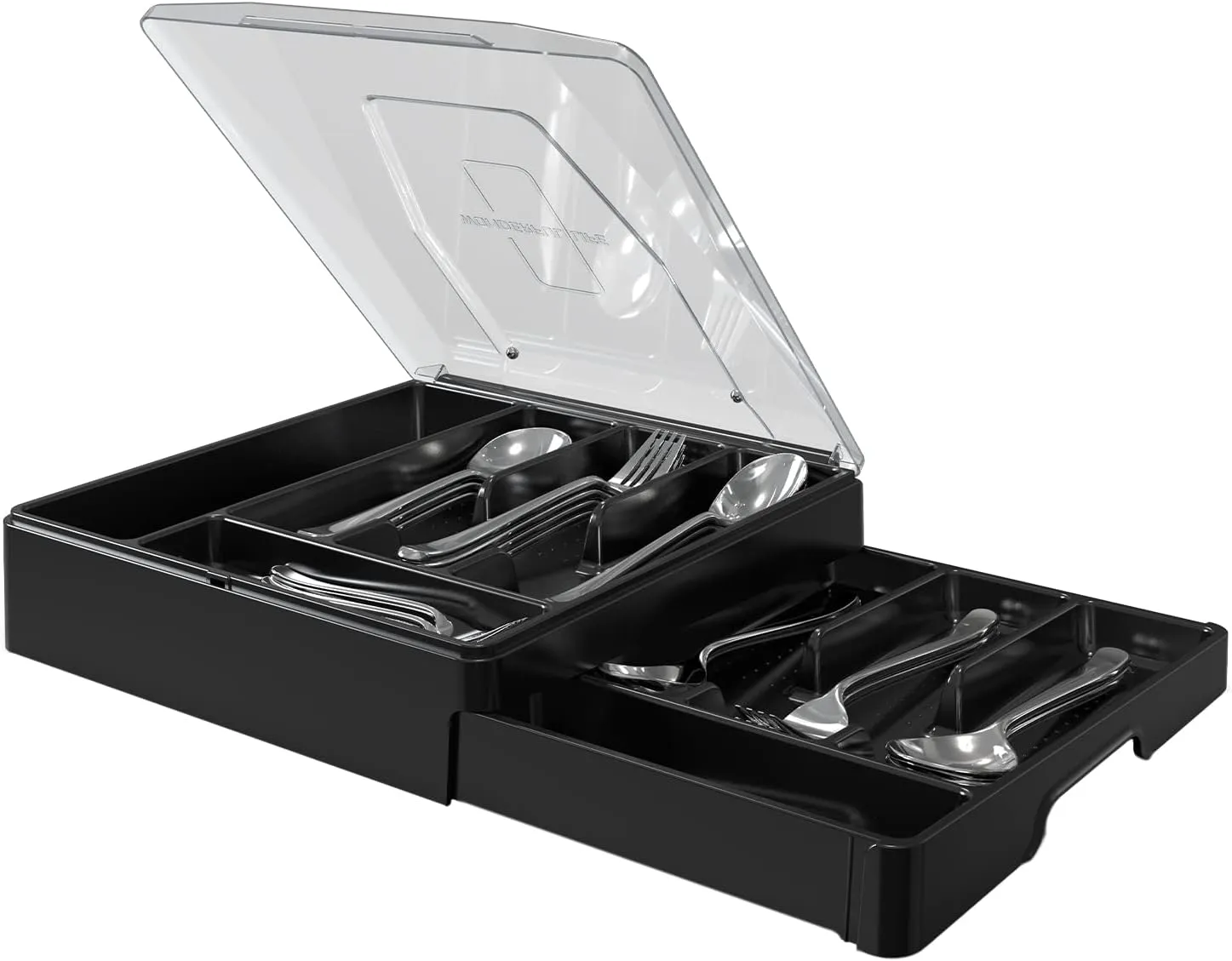 Double Layer Silverware Tray with Lid, Utensil Holder for Countertop Flatware Organizer for Kitchen Drawers with 2 Tier Cutlery Tray and 9 Compartments Silverware Storage Bin (Black)