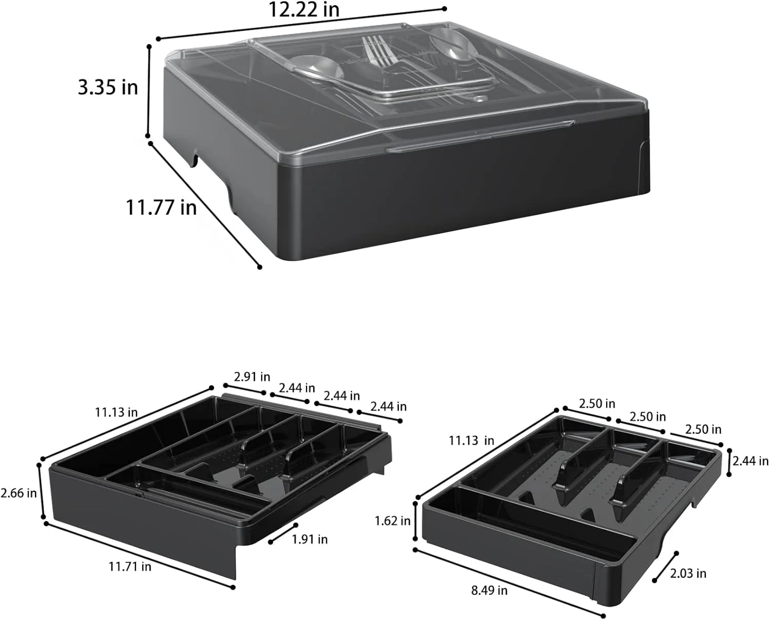 Double Layer Silverware Tray with Lid, Utensil Holder for Countertop Flatware Organizer for Kitchen Drawers with 2 Tier Cutlery Tray and 9 Compartments Silverware Storage Bin (Black)