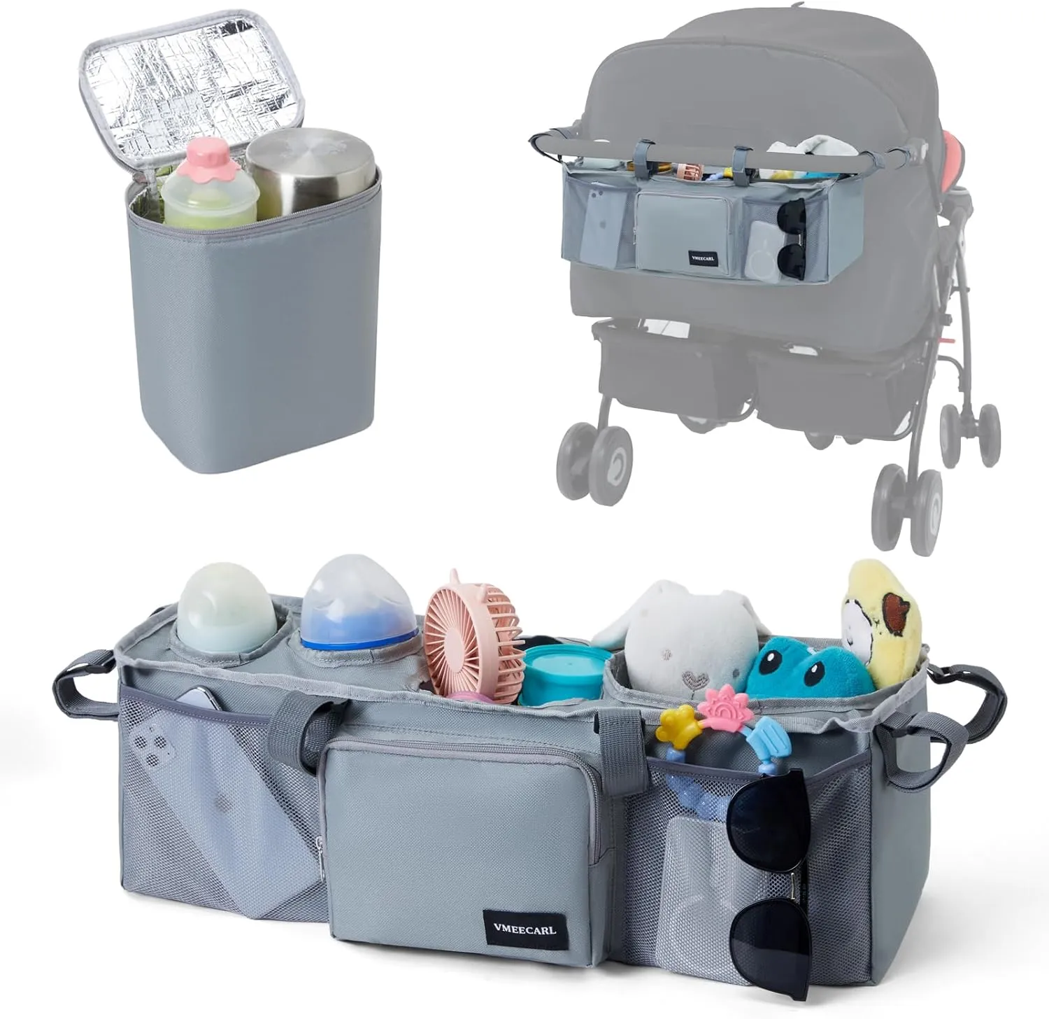 Double Stroller Organizer with 2 Insulated Cup Holders for Bob Duallie Baby Jogger City Mini GT2 Baby Stroller Accessories with Cooler Bottle Bag Parent Console Jogging Stroller Organizer