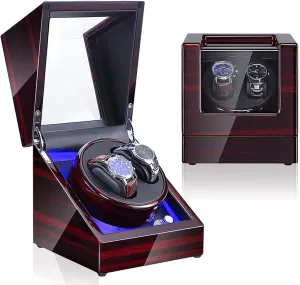 Double Watch Winder Box Luxury Mechanical Watch Storage Case Wood Shell Piano Paint Self Winding Watch Rotator Box with LED Lights Quiet Motor Dual Power Supply,Velvet 00