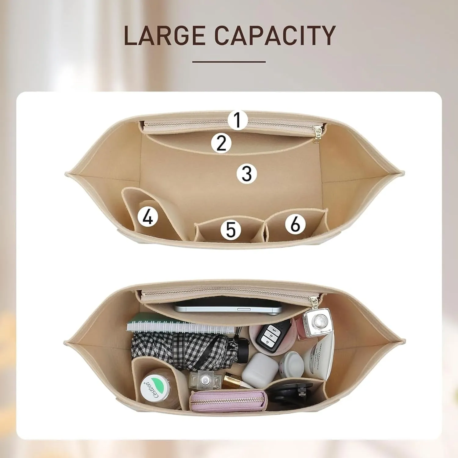 Doxo Felt Longchamp Organizer Insert,Handbag Organizer Suitable for Le-pliage Large and More, Longchamp Bag Organizer Keeps Tote Handbags Shaped & Neat (Beige,Large)