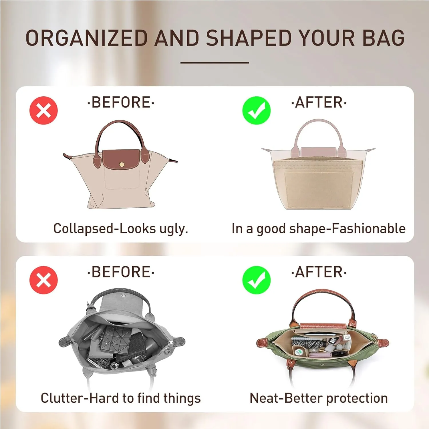 Doxo Felt Longchamp Organizer Insert,Handbag Organizer Suitable for Le-pliage Large and More, Longchamp Bag Organizer Keeps Tote Handbags Shaped & Neat (Beige,Large)