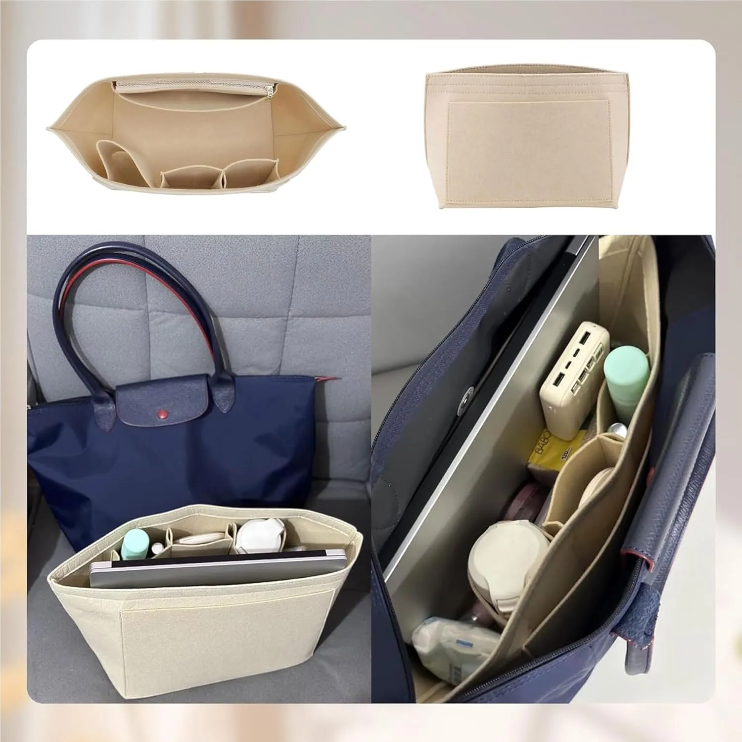 Doxo Felt Longchamp Organizer Insert,Handbag Organizer Suitable for Le-pliage Large and More, Longchamp Bag Organizer Keeps Tote Handbags Shaped & Neat (Beige,Large)