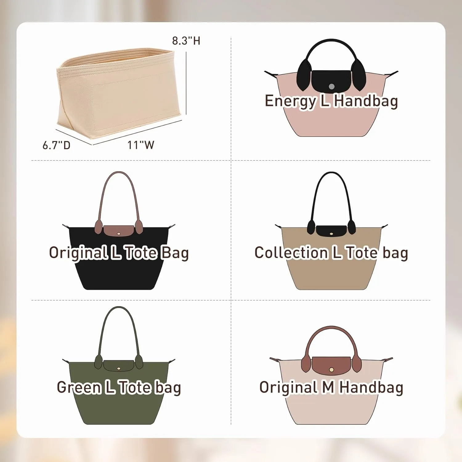 Doxo Felt Longchamp Organizer Insert,Handbag Organizer Suitable for Le-pliage Large and More, Longchamp Bag Organizer Keeps Tote Handbags Shaped & Neat (Beige,Large)