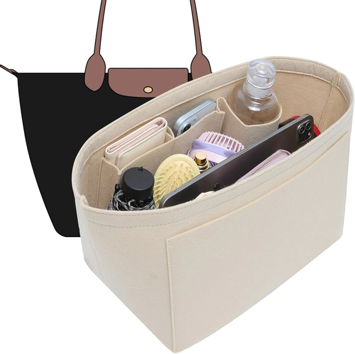Doxo Felt Longchamp Organizer Insert,Handbag Organizer Suitable for Le-pliage Large and More, Longchamp Bag Organizer Keeps Tote Handbags Shaped & Neat (Beige,Large)