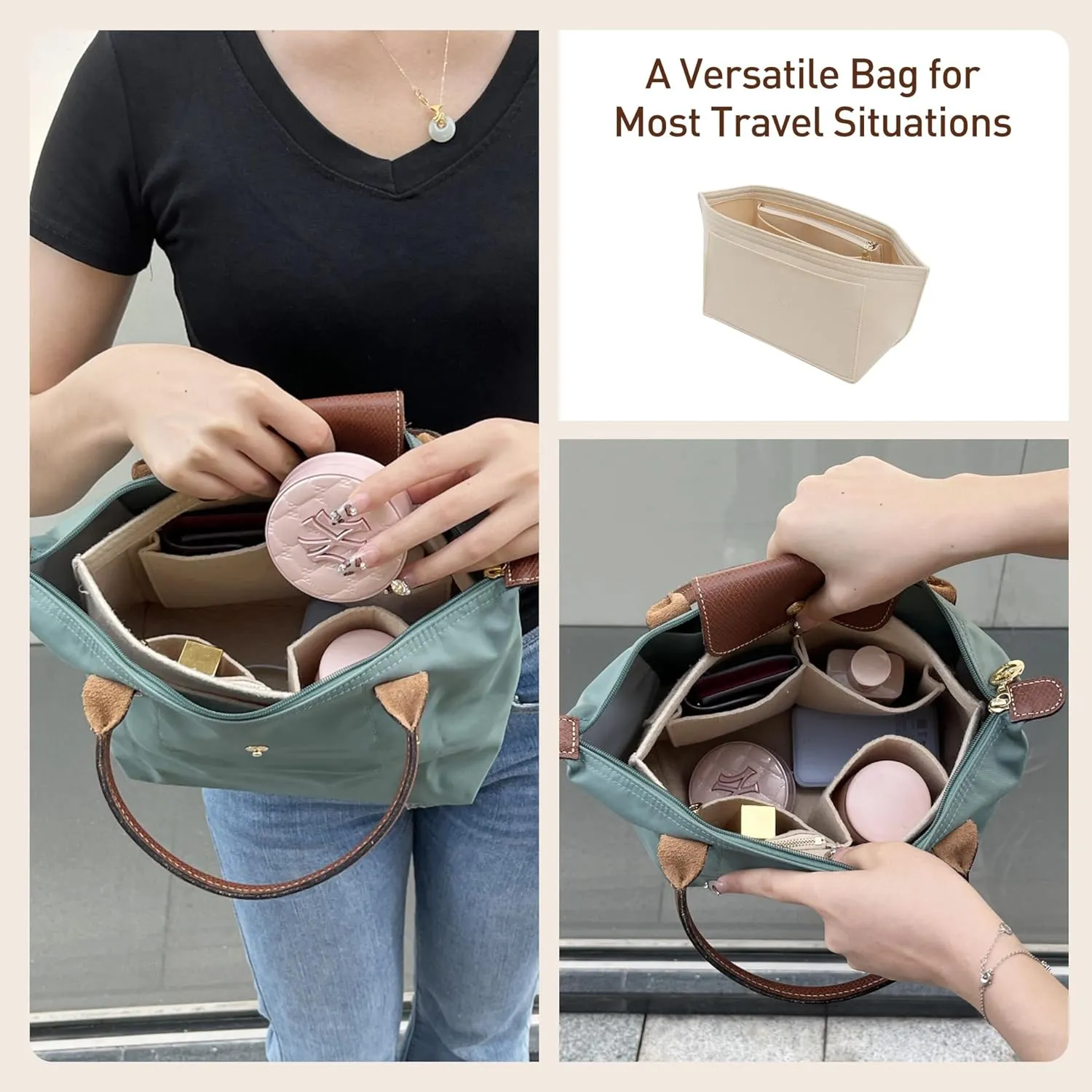 Doxo Longchamp Organizer Insert Small, Felt Bag Organizer with Multiple Pockets,Suitable for Le pliage S Handbag and More(Beige,S)