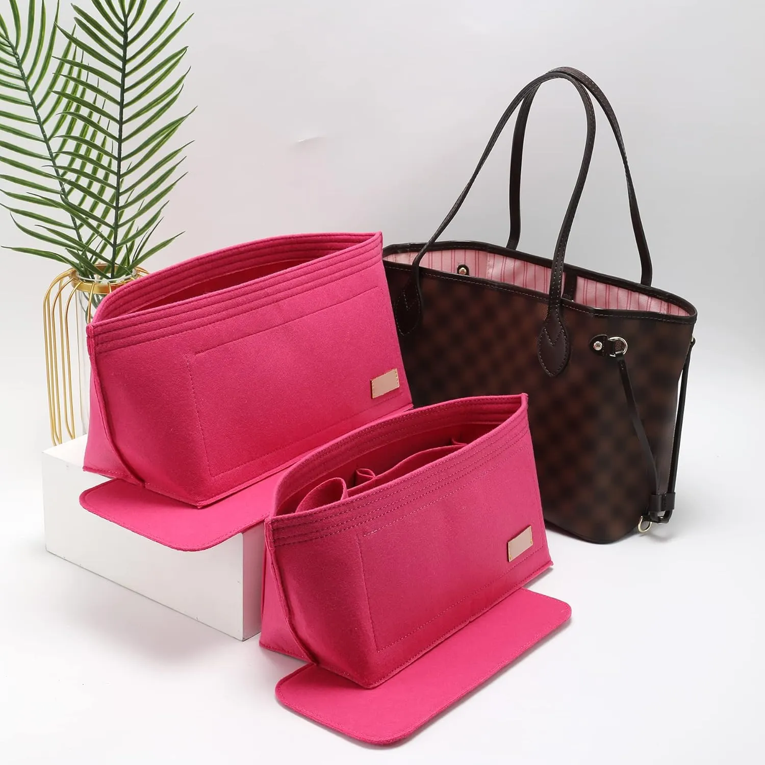 Doxo Purse Organizer Insert & Base Shaper 2pc Set, Felt Handbag & Tote Bag Fit L Speedy 30 Nererfull PM More(M-Rose)