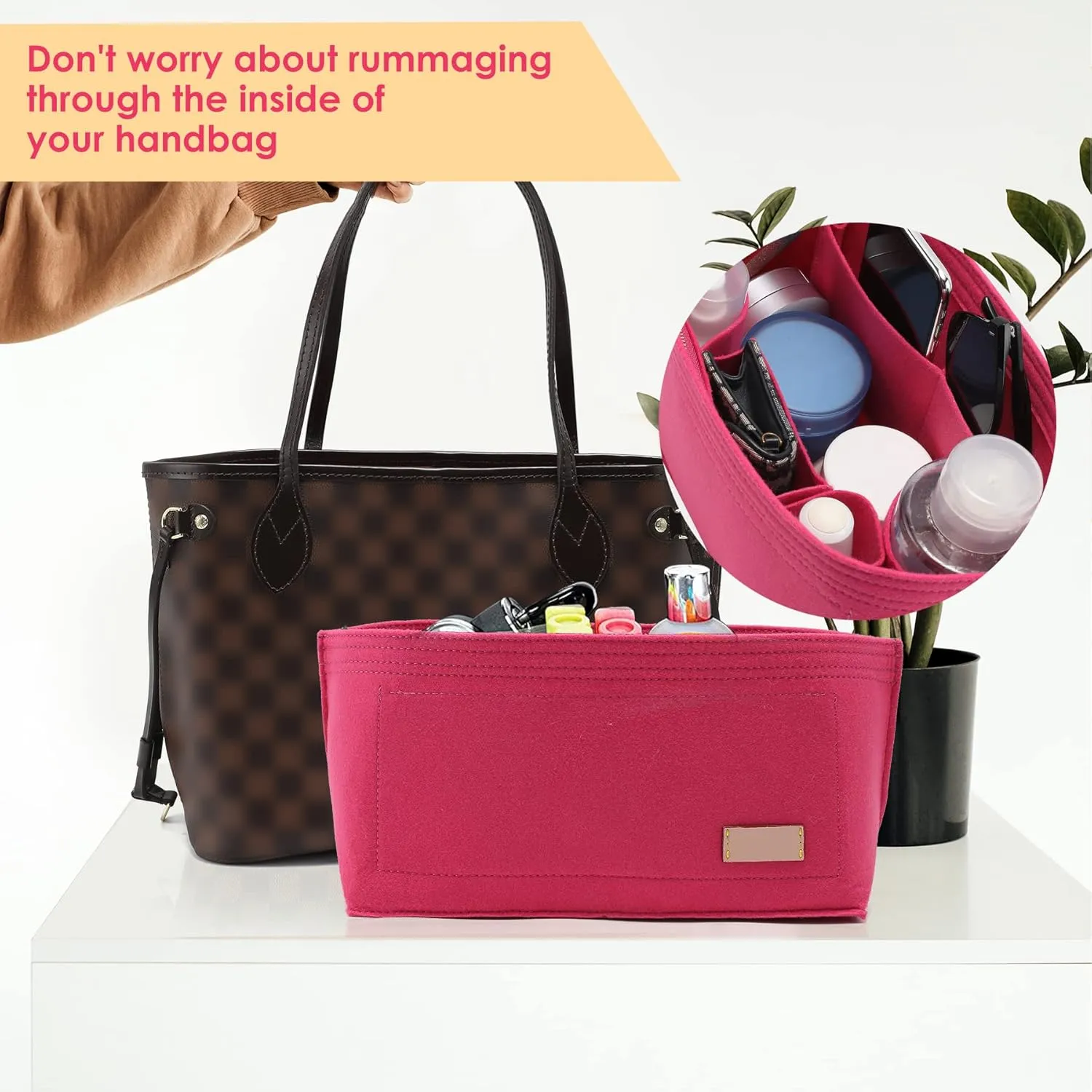 Doxo Purse Organizer Insert & Base Shaper 2pc Set, Felt Handbag & Tote Bag Fit L Speedy 30 Nererfull PM More(M-Rose)