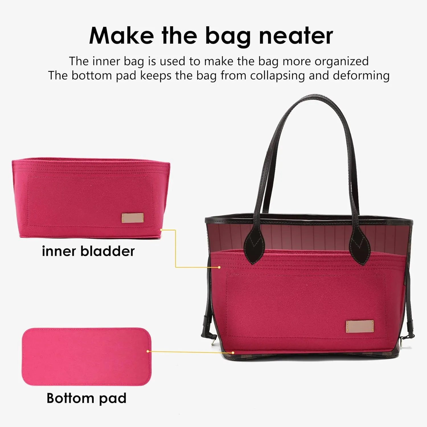 Doxo Purse Organizer Insert & Base Shaper 2pc Set, Felt Handbag & Tote Bag Fit L Speedy 30 Nererfull PM More(M-Rose)
