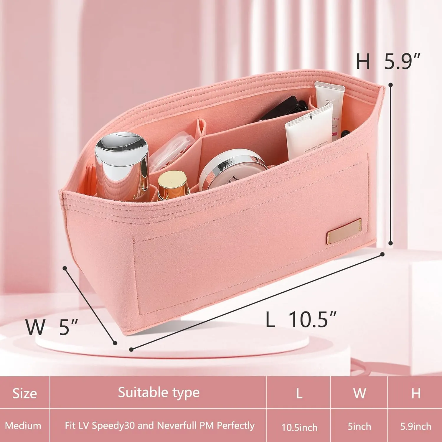 Doxo Purse Organizer Insert & Base Shaper 2pc Set, Felt Handbag & Tote Bag Fit L Speedy 30 Nererfull PM More(Pink,Medium-Combination)