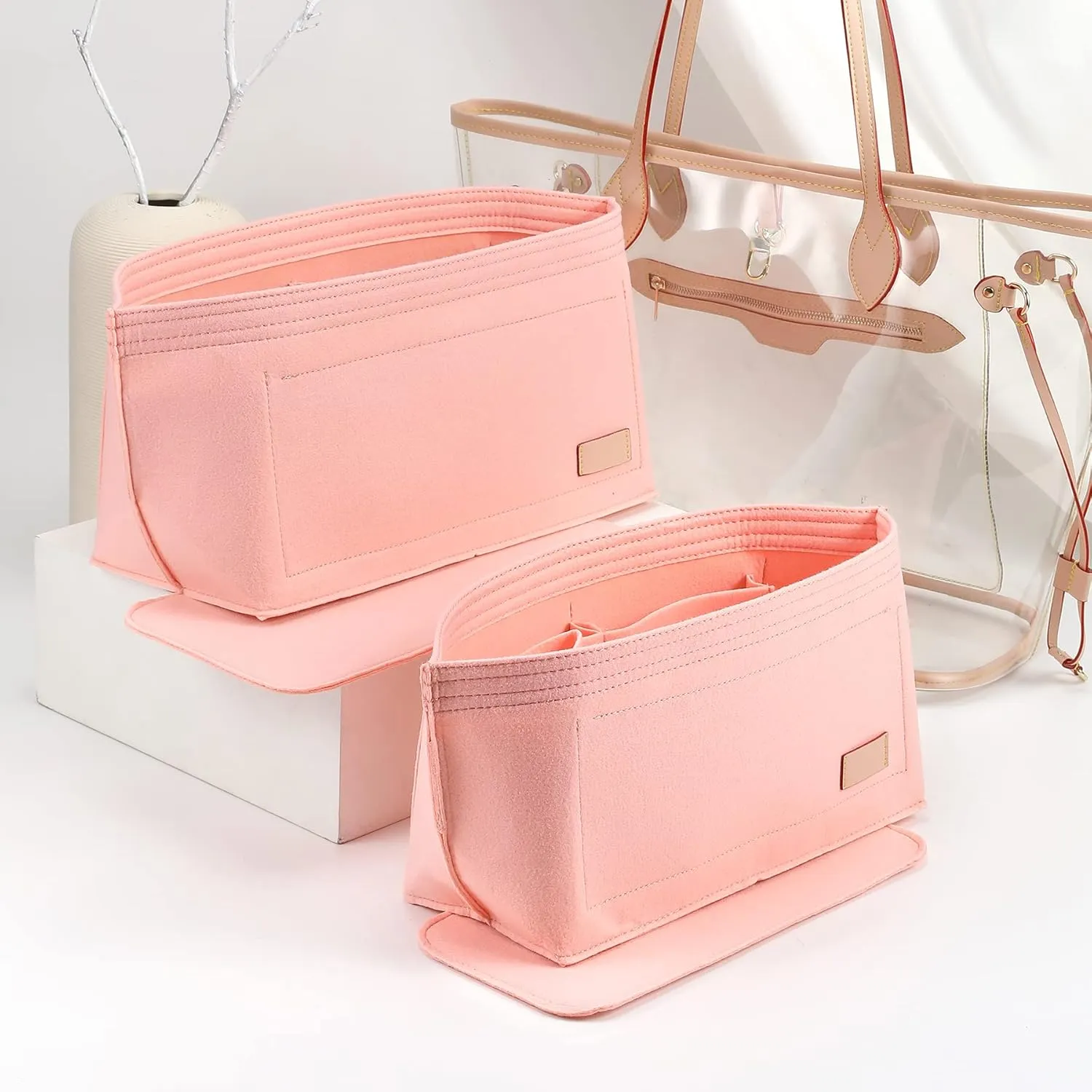 Doxo Purse Organizer Insert & Base Shaper 2pc Set, Felt Handbag & Tote Bag Fit L Speedy 30 Nererfull PM More(Pink,Medium-Combination)