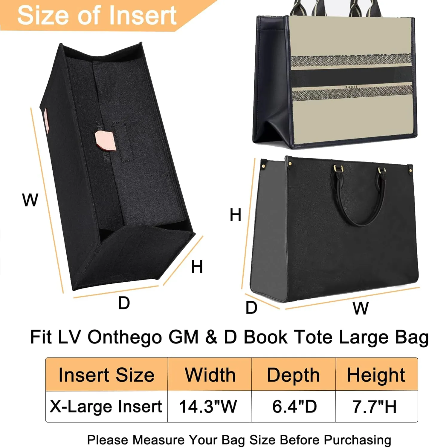 Doxo Purse Organizer Insert, Felt Bag Organizer Insert with Zipper, Perfect for Lv Onthego GM 40 & D Book Tote Large (Black-With Cover, XL)