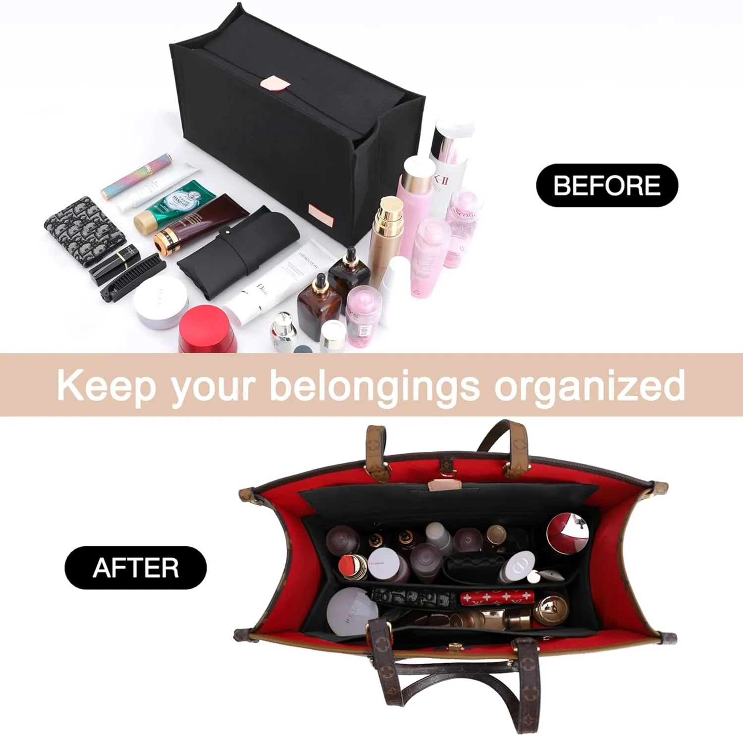 Doxo Purse Organizer Insert, Felt Bag Organizer Insert with Zipper, Perfect for Lv Onthego GM 40 & D Book Tote Large (Black-With Cover, XL)
