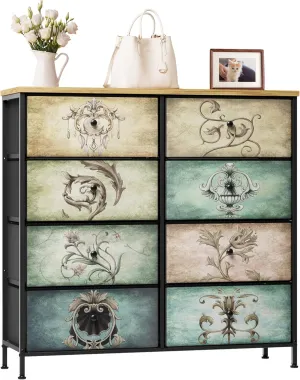 Dresser for Bedroom, 8 Drawer Dressers & Chests of Drawers for TV Stand, Organizer Fabric Storage for Bedroom, Living Room, Hallway, Easy Pull Fabric Bins, Retro Floral Pattern Drawers Wooden Top