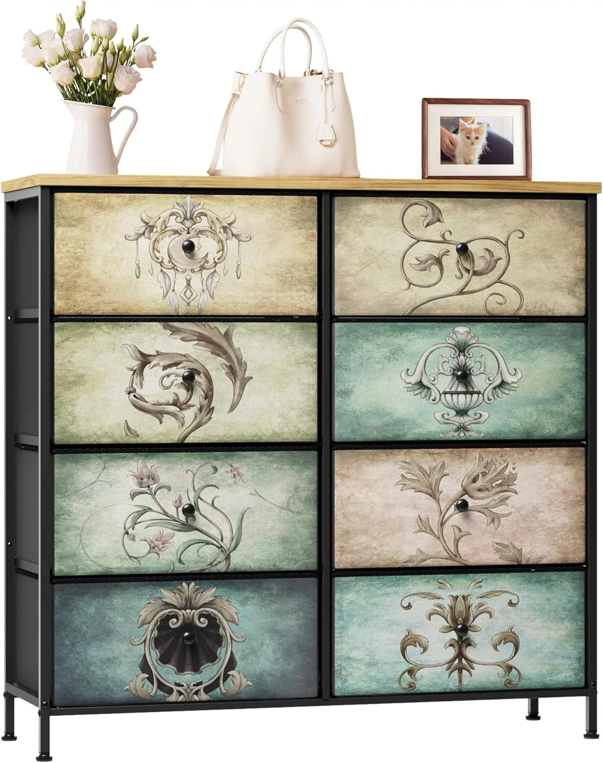 Dresser for Bedroom, 8 Drawer Dressers & Chests of Drawers for TV Stand, Organizer Fabric Storage for Bedroom, Living Room, Hallway, Easy Pull Fabric Bins, Retro Floral Pattern Drawers Wooden Top